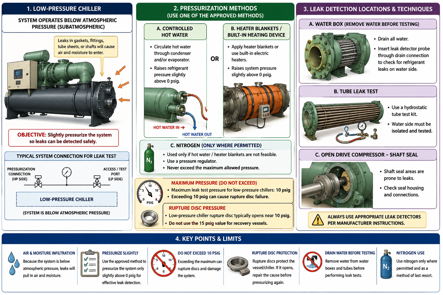 Controlled low-pressure chiller leak-test setup showing preferred controlled hot-water or heater-blanket pressurization, regulated nitrogen as a secondary method where permitted, a 10 psig maximum exam-preparation leak-test limit, relief protection, water-box testing, hydrostatic tube testing, and open-drive shaft-seal inspection